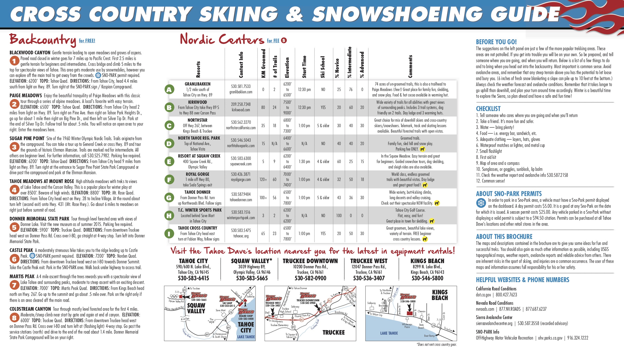Tahoe Dave's Cross Country & Snowshoe Guide (back)